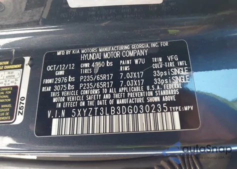 2013 Hyundai Santa Fe Sport z USA, uszkodzony, nr VIN 5XYZT3LB3DG030235